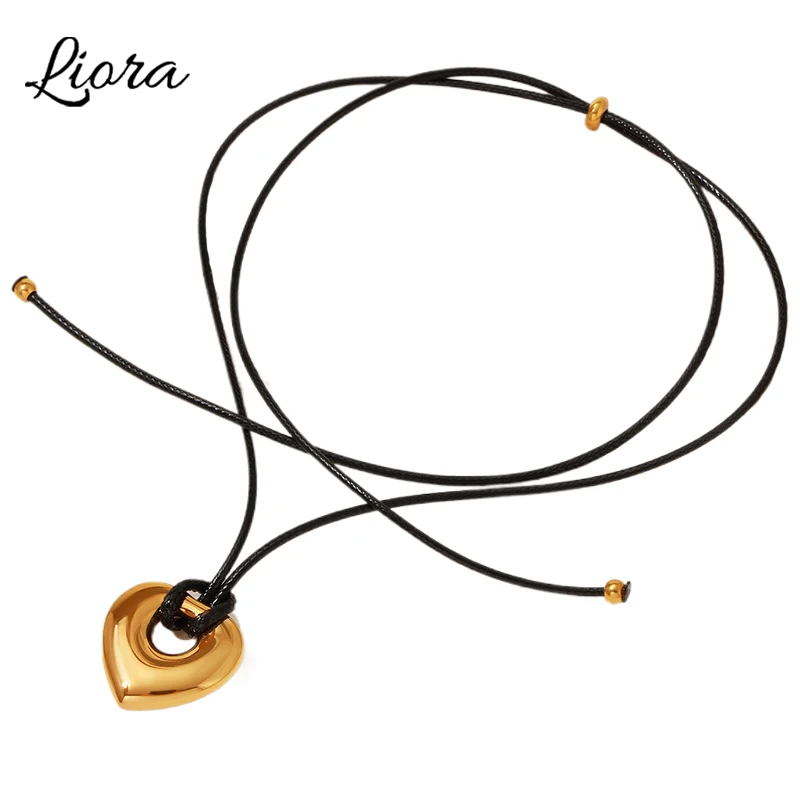 Фото Liora из нержавеющей стали 316L, ожерелье с подвеской в виде полого сердца для женщин, черная плетеная веревка из воловьей кожи, регулируемая длина, колье, ювелирные изделия №1