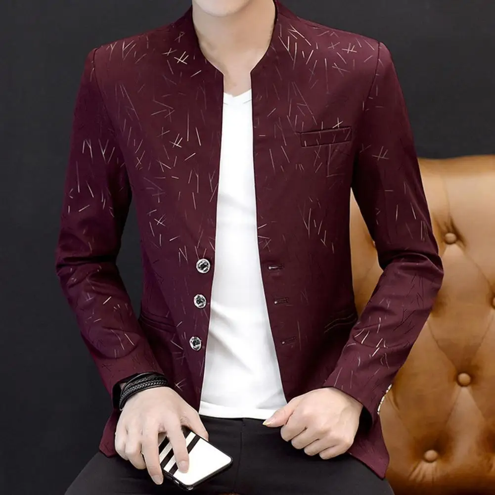 

Men Blazer Vintage Print Korean Style Spring Autumn Stand Collar Fake Pockets Buttons Blazer for Business