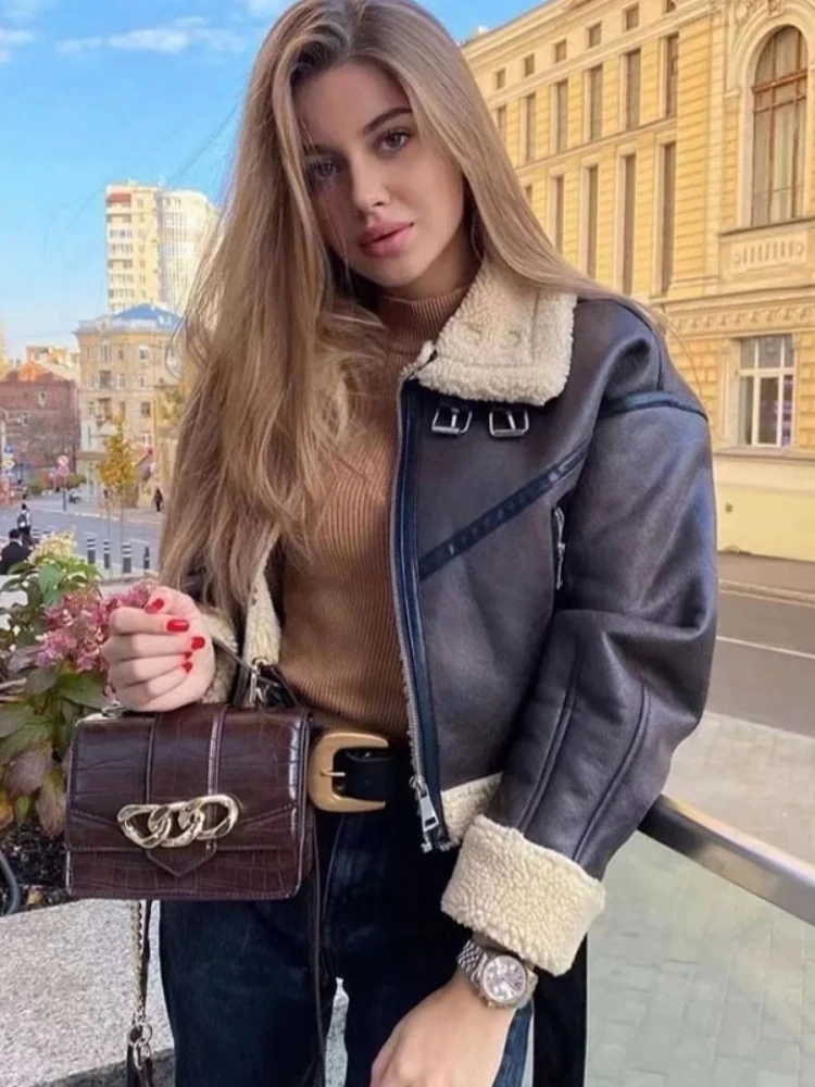 WeiYao 2023 Spring Winter Women Fur Loose Belt Warm Jacket Lamb Wool Thickened Locomotive Lapel Female Coat Brown Chic Outwear