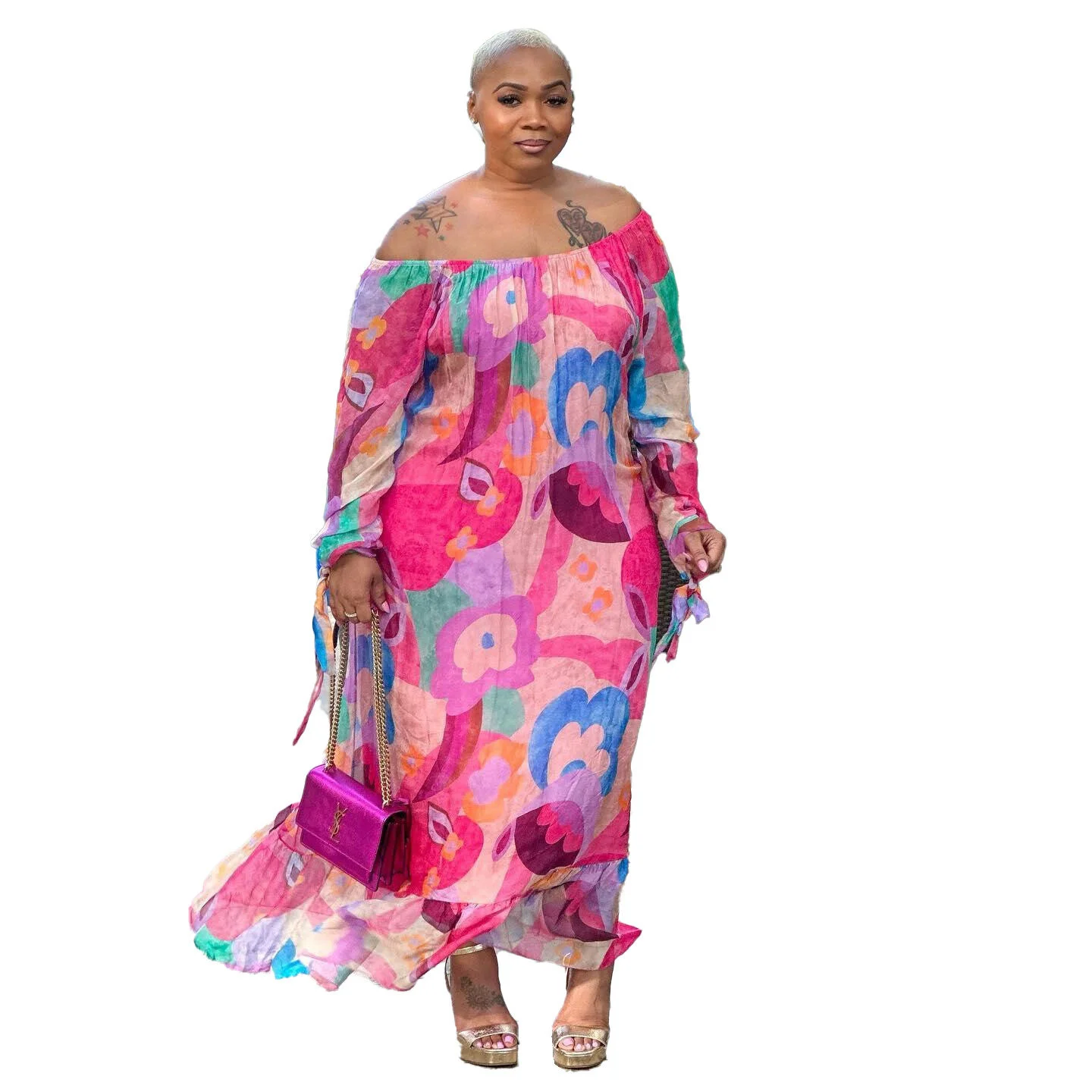 Plus Size Spring Summer Loose Women Casual Dress Big Size 3xl 4xl Slash Neck Long Sleeves Printing Leisure Hol 3xl 4xl 5xl 6xl
