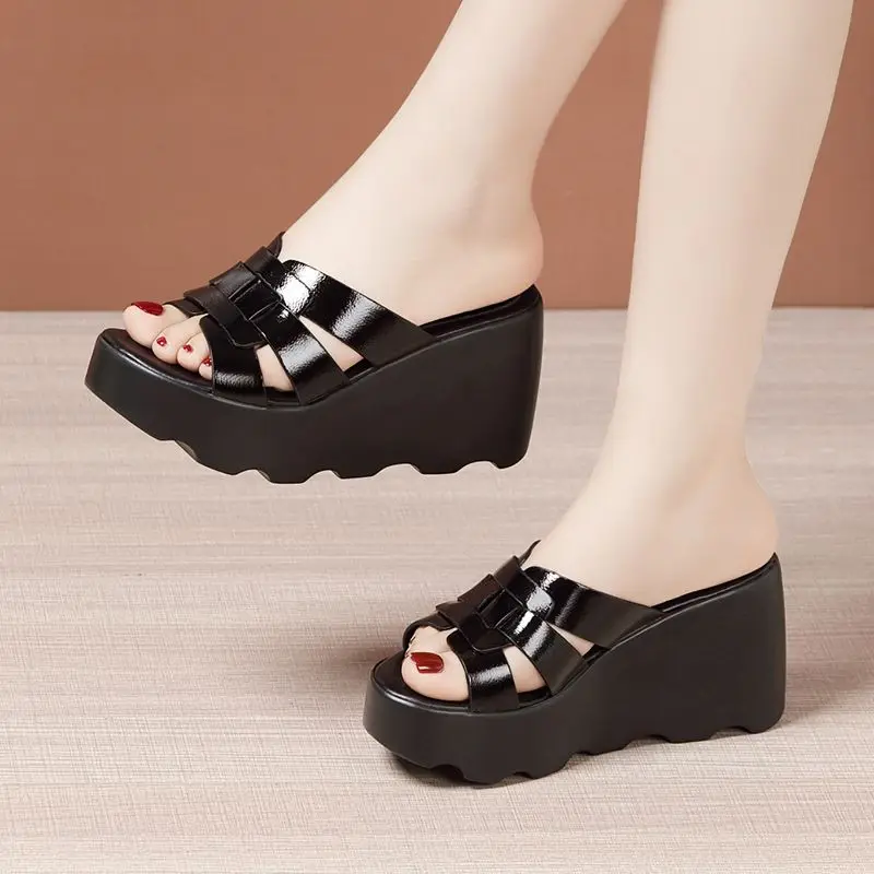 

Small Size 32-43 Quality Genuine Leather Shoes Summer Platform Wedges Slippers Women 2023 High Heels Slides for Office Beach Mom