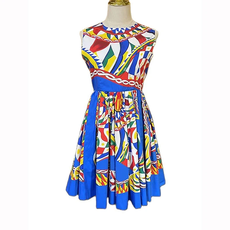 

Женское модельное платье из 00% хлопка, синее клетчатое платье-мини в синюю клетку с разноцветным принтом, Роскошные платья для подиума синего цвета, лето 2023