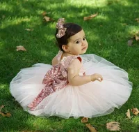 Baby Infant Toddler Birthday Party gown Blush Pink Rose Gold Sequins Bow Lace Tea Length Tutu Wedding party Flower Girl Dresses