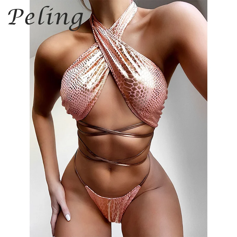 

2023 Summer Women Bikinis Gillter Swimsuits Bathing Bangdage Thong Padded Beachwear Lace Up Sexy Two Piece Sets Women Swimwear