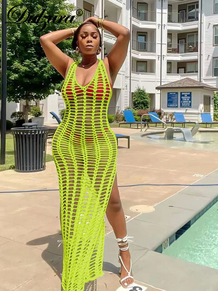 

Dulzura Summer See Through Neon Y2K Clothes Cut Out Sleeveless Side Slit Crochet Bodycon Maxi Dresses For Women 2022 Club Party