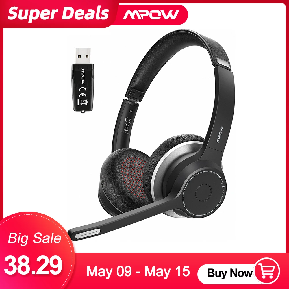 

Mpow HC5 with USB Adapter Wireless Wired Bluetooth 5.0 Headset for Call Center Driver 22h Talk Time CVC 8.0 Noise Cancelling Mic