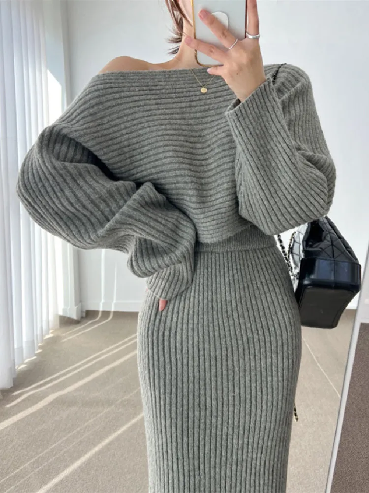 

Korean Style Sweater Two Piece Set for Women 2023 Off Shoulder Knitted Pullovers Crop Top + Bodycon Skirt 2 Piece Outfits Autumn