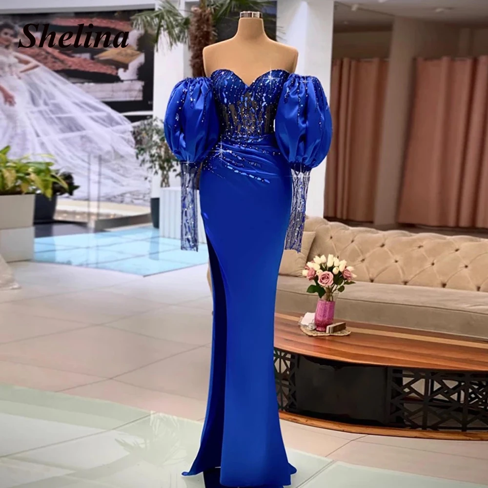 

Exquisite Sequins Trumpet Formal Evening Gowns Sweetheart Puff Sleeve Slit Court Train Prom Dresses De Fiesta Personalised