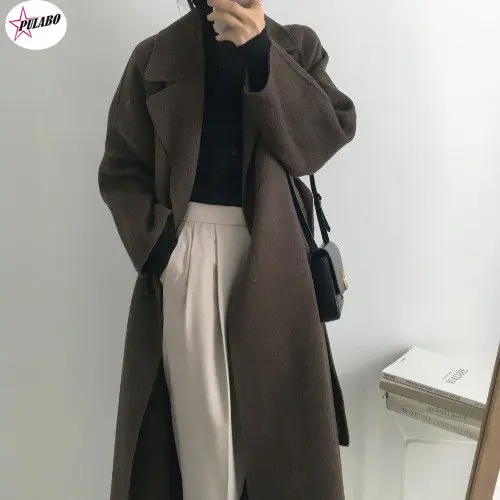 

PULABO French Lazy Style Warm Female Fresh Winter 2022 Classical Belt Retro Loose Women Woolen Coats Chic Casual Long Coat Long