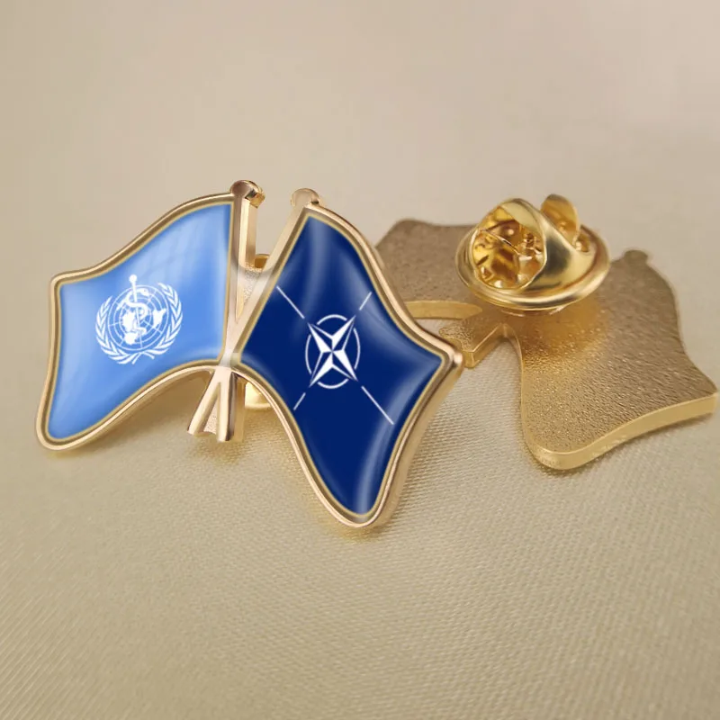 

World Health Day and NATO North Atlantic Treaty Organization Crossed Double Friendship Flags Lapel Pins Brooch Badges