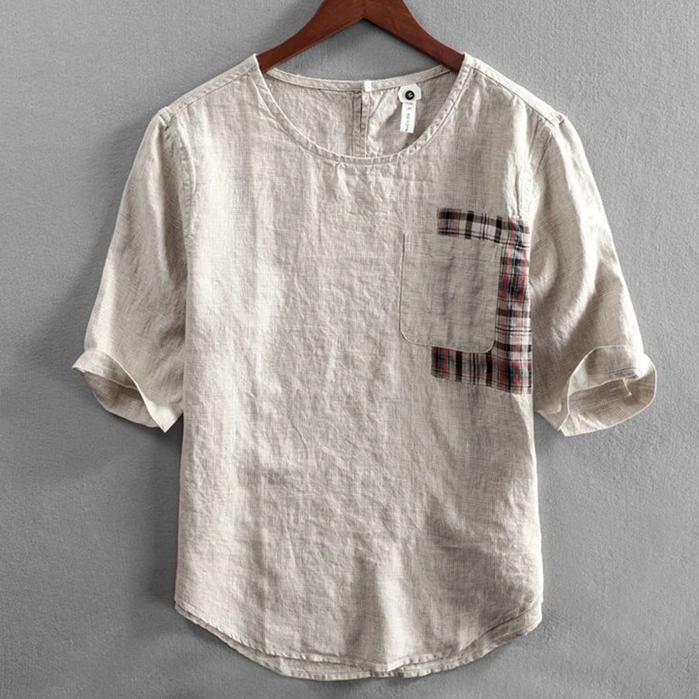 

Мужская Тонкая футболка с коротким рукавом, Свободный Топ из хлопка и льна с круглым вырезом и карманами, лето 2023