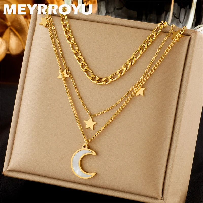 

MEYRROYU 316L Stainless Steel Necklace Moon Pendant Three Chain Clavicle For Women Party Gift Jewelry Exquisite Accessory Bijoux