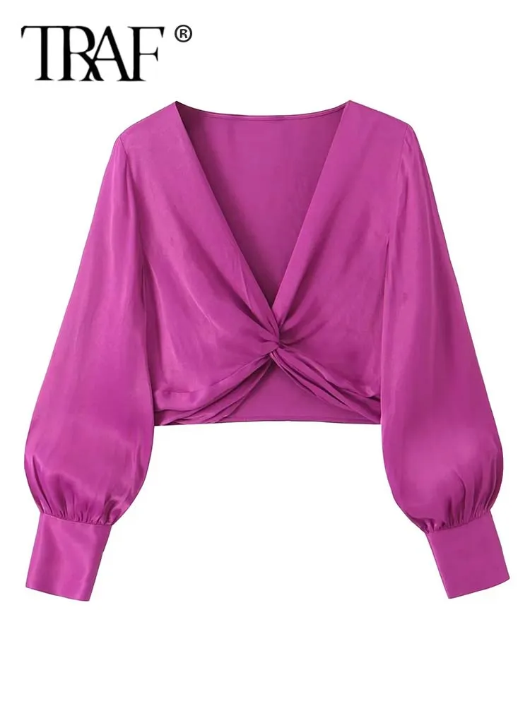 

TRAF 2023 Women's Summer Knotted Silk Satin Texture Top Fashion V-Neck Lantern Sleeve Slim Shirt Sexy Women's Cropped Top