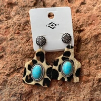 western turquoise leopard print cowhide earrings blue stone decor boho gypsy hippie jewellry for cowboy cowgirl cow tag