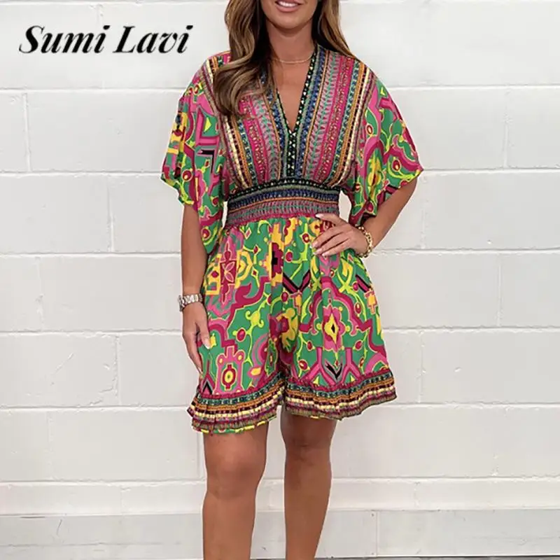 

Ladies V-Neck High Waist Playsuit Overall Boho Summer Half Sleeve Splicing Romper Vintage Pattern Print Women's Shorts Jumpsuit