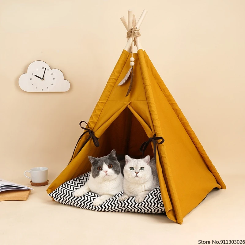 

Yellow/blue Pet Tent House Cat Nest Four Seasons Universal Semi Closed Nordic Cat Kitten Dog Puppy Bed Kennel Cotton Cozy Soft