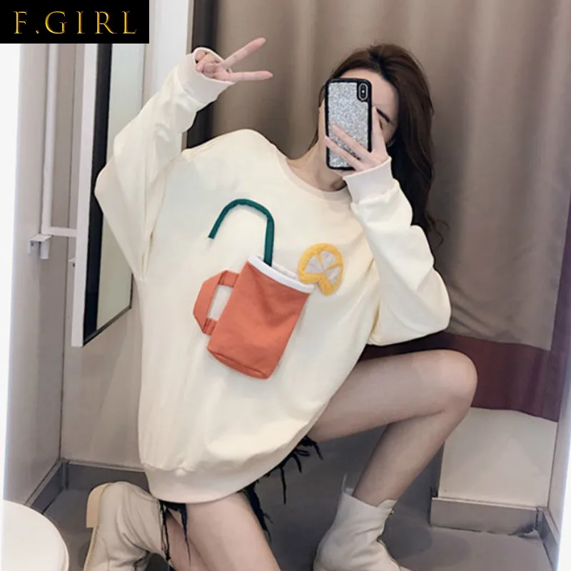 

Hoodies Women Pattern Patchwork O-neck Long Sleeve Thicken Loose Korean Style Simple Design Slouch Kawaii Casual Students Chic