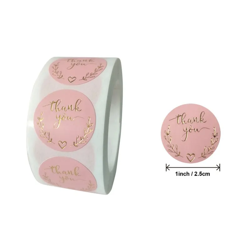 

500PCS/Lot Pink Paper Bronzing Thank You Stickers Food Bags Sealing Stickers Handmade Business Label Sticker Diameter 25mm