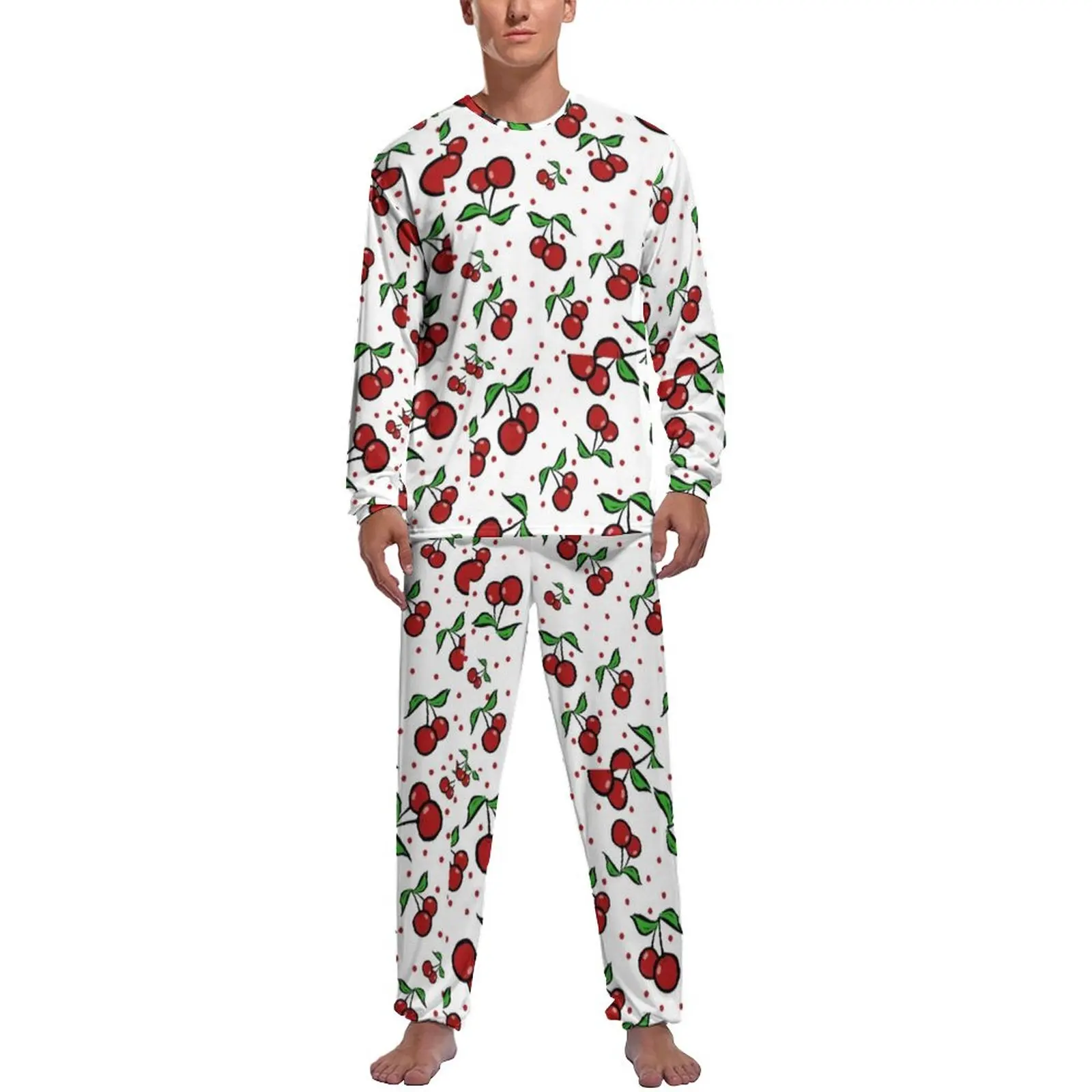 

Пижамы-вишни для мужчин, кавайная Ночная одежда с фруктовыми листьями, зимняя пижама с длинным рукавом, 2 предмета, повседневный пижамный комплект на заказ