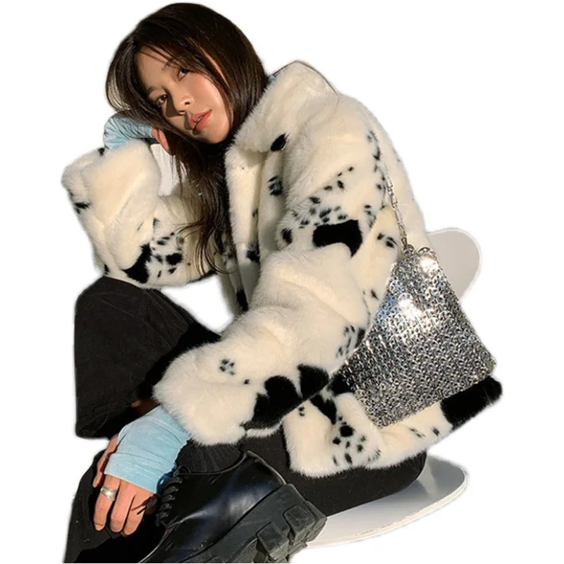 Autumn Winter Black White Cow Imitation Mink Fur Short Coat Women Loose Slim Furry Warm Long-sleeved Plush Coat Free Shipping