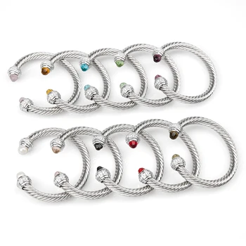Brazalete abierto trenzado de 7MM para mujer, pulsera de Cable trenzado de piedra de circón blanco, joyería Popular de marca de lujo