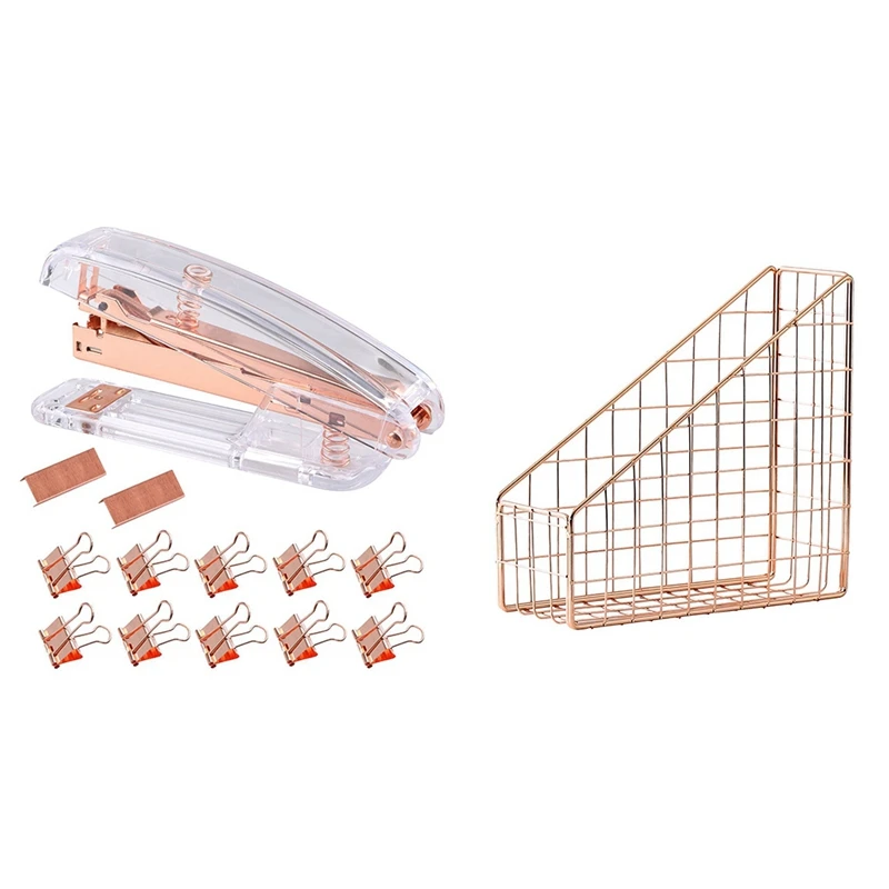 

1 Set Rose Gold Stapler Acrylic Desktop Stapler & 1 Pcs Rose Gold Electroplated Iron Book Holder