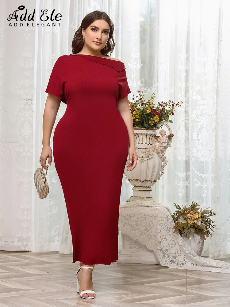 Add Elegant Plus Size Summer Pencil Bodycon Dress Women Hem Back Slit Slash Neck A-LINE Solid Female Party Evening Dresses B373