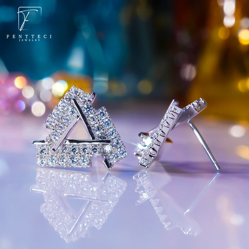 FENTTECI 925 Sterling Silver Triangle Earrings Female Simulation Diamond Fashion Temperament Short Prismatic Earrings Female