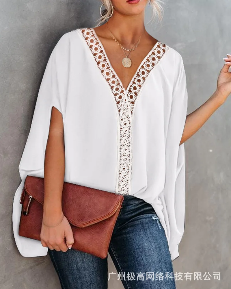 

Lace Loose Shirt Elegant Office Lady Woman's Blouse 2022 Summer New Women Cape Bat Sleeve Stitched
