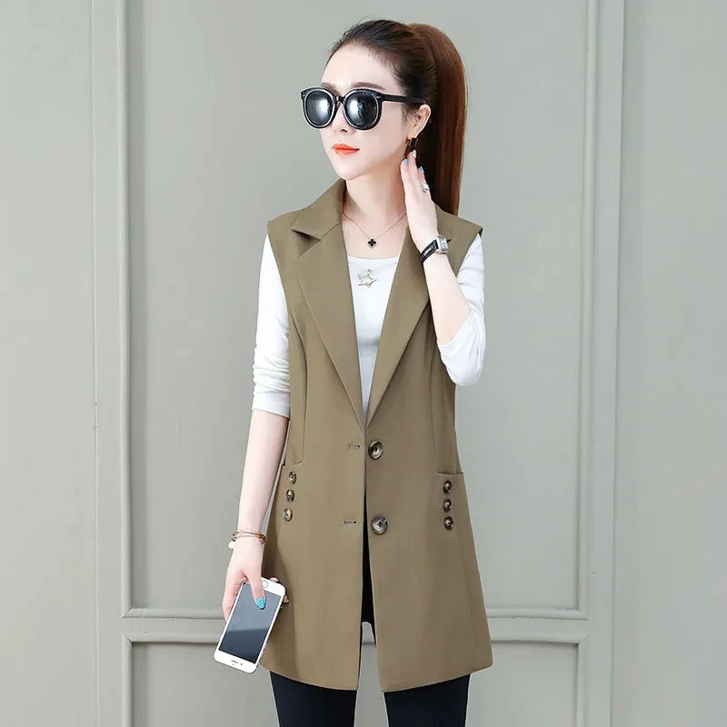

Fit Big Size 5XL Mid-length Sleeveless Blazers Coats Women's Korean Design Vests Outwears Trendy Notched Collar Waistcoat Blazer