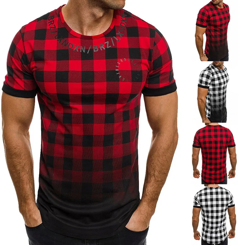 

ZNG 2020 Mens summer plaid patchwork t shirt short sleeve Gradient color Muscle Basic Hip fashion tee shirt New 2019