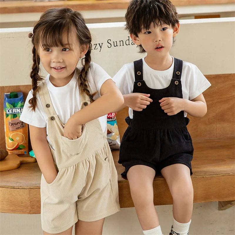 

Children Spring Jumpsuit Korean Style Boys and Girls Corduroy pnepiece Clothes Solid Color Sleeveless Playsuits