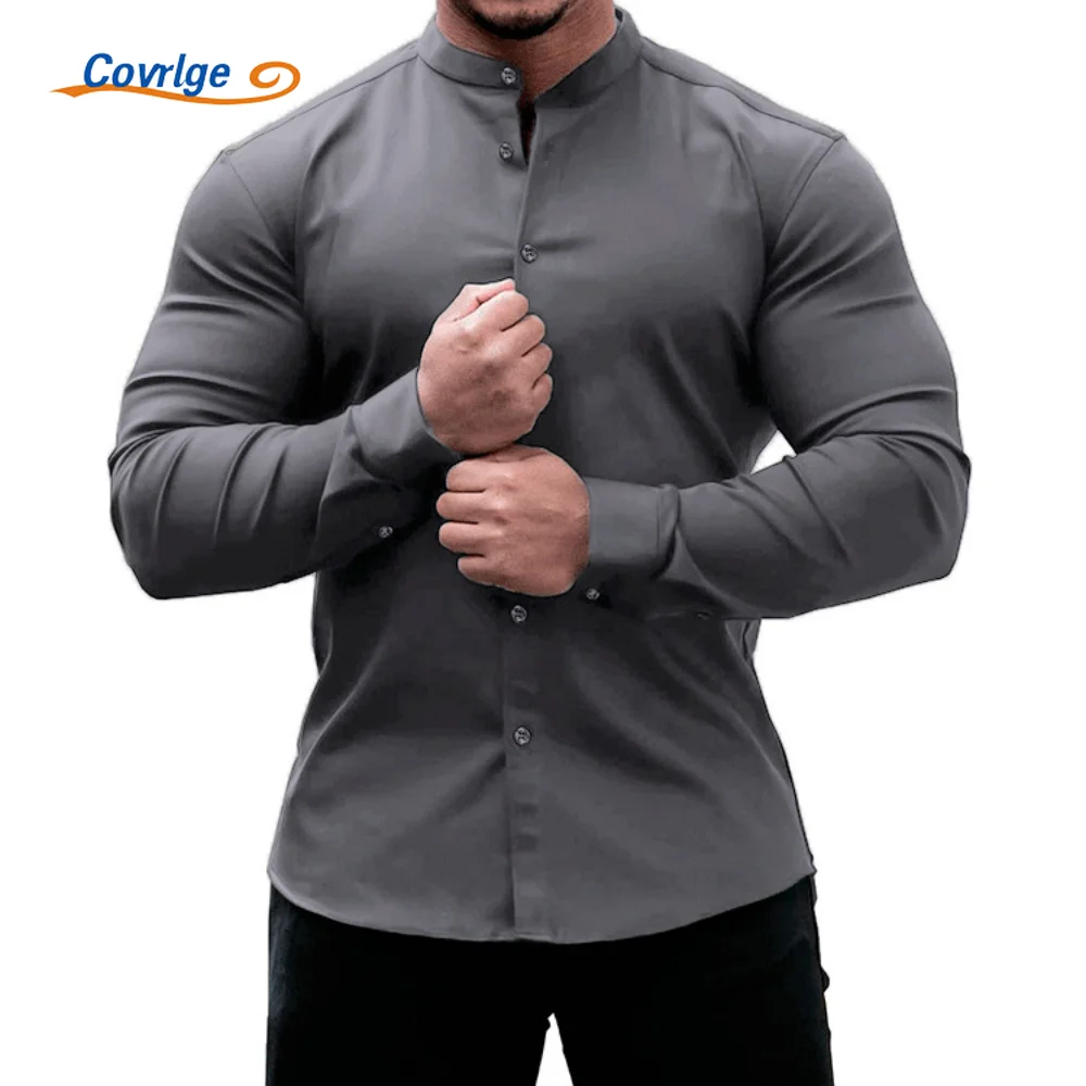 

Covrlge Men's Solid Color Sports Shirt Slim Fit Micro-elastic Top Long Sleeve Casual Button-Up Shirts for Men Streetwear MCL365
