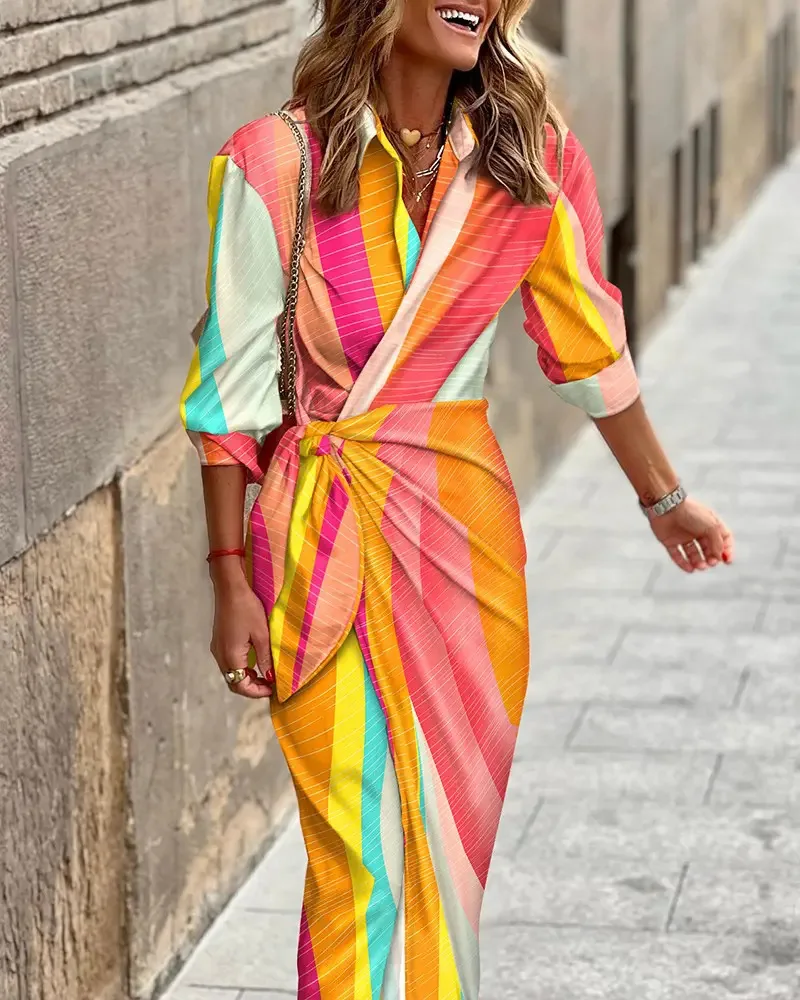 

Spring Summer Casual Shirt Dress Women Fashion Print Long Sleeve Lace Up Shirt Dress Women