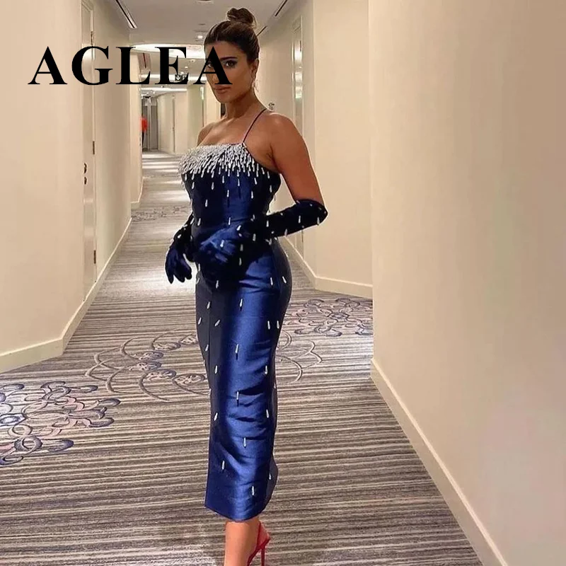 

AGLEA 2023 Luxury Dubai Crystal Navy Blue Midi Evening Dress 2023 Elegant Spaghetti Straps Beige Women Wedding Party Gown SS315