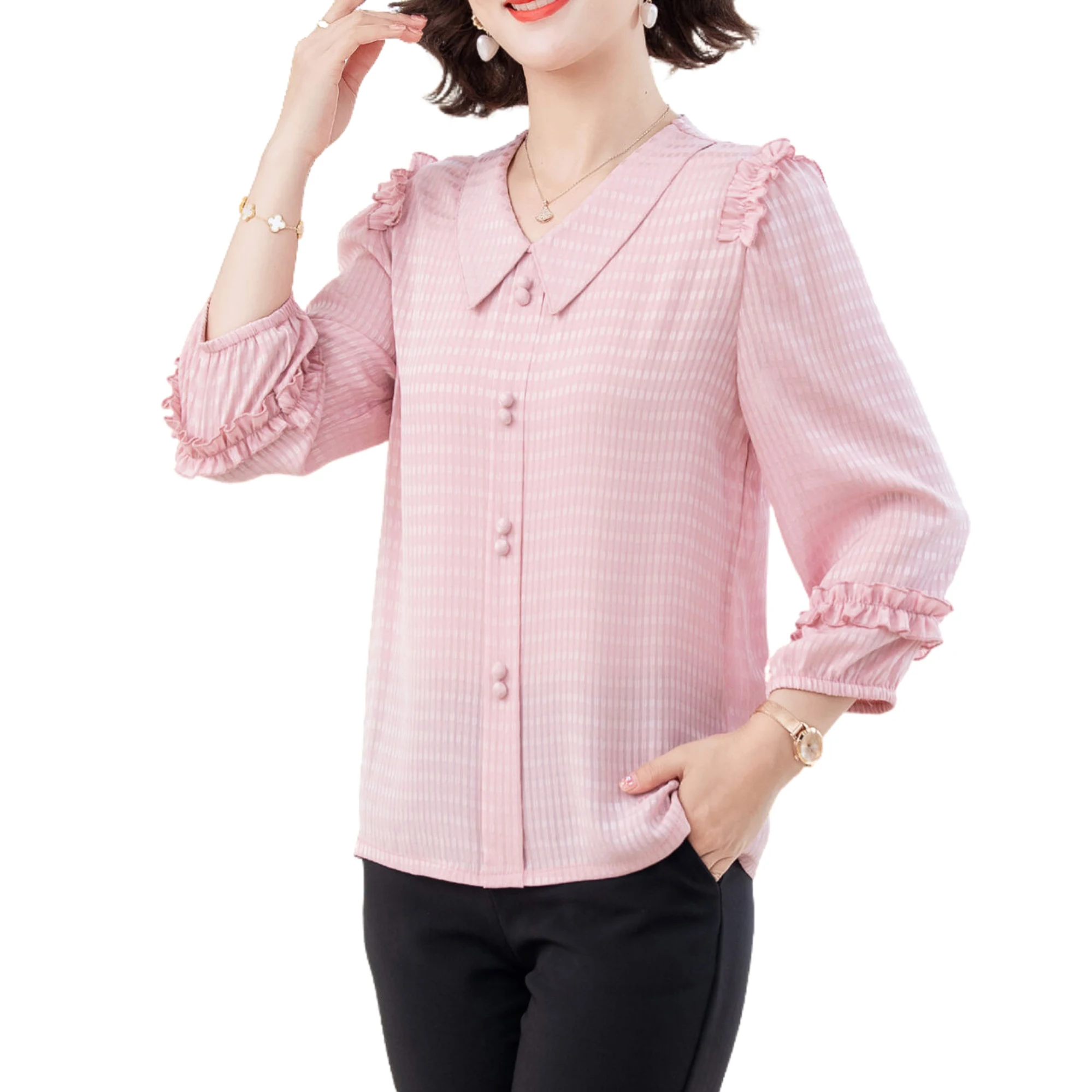 

Женская шифоновая Свободная блузка с оборками, повседневный вязаный пуловер в розовом и синем цвете, весна-лето 2023