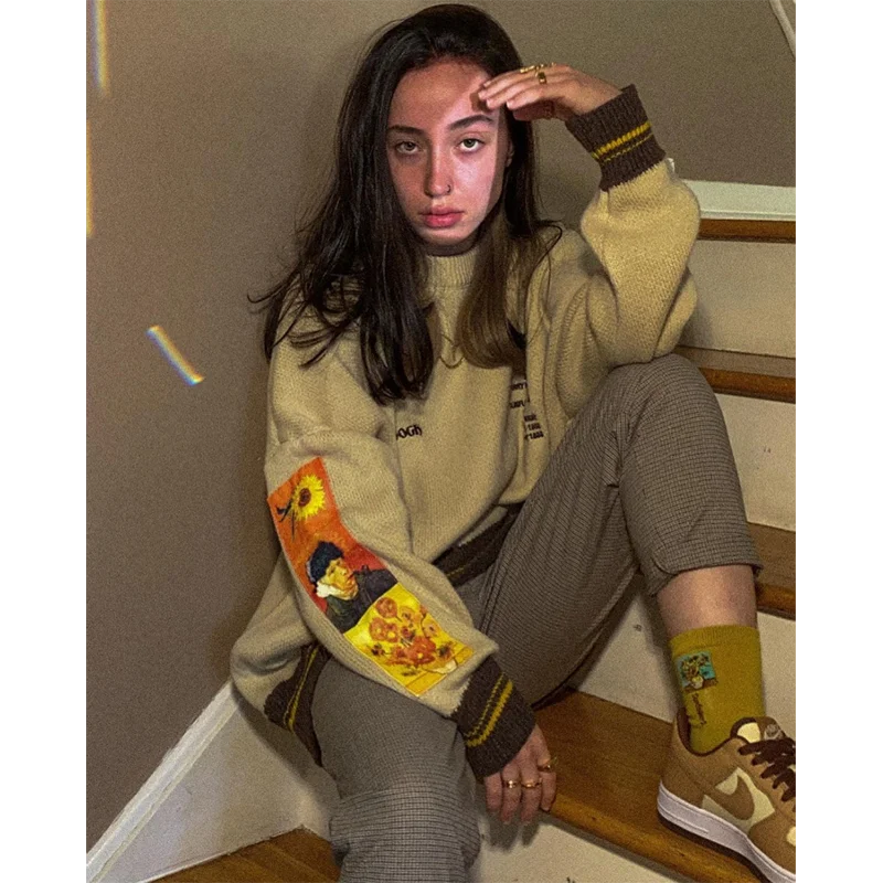 2023 Mens Japanese Harajuku Retro Sunflowers & Self-portrait of Van Gogh Sweater Sweater Y2K Autumn Loose Hip Hop Streetwear