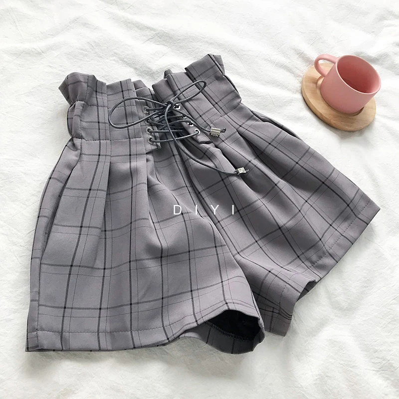 Harajuku Wide Leg Shorts Female Retro Lace Up High Waist  Fashion Casual Elastic Waist Shorts 2023 New Women Plaid Summer Shorts