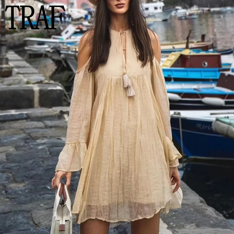 

TRAF Cut Out Mini Dress Woman Off Shoulder Summer Short Dresses For Women Ruffle Loose Women's Dress Ruched Long Sleeve Dresses