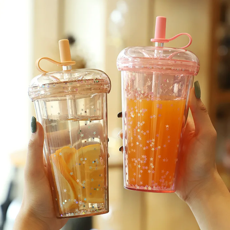 

520ML Glitter Water Bottle Double Layer Tumbler With Straw Water Bottle Girl Tea Cup Plastic Coffee Cup With Lid Leak-Proof Cup