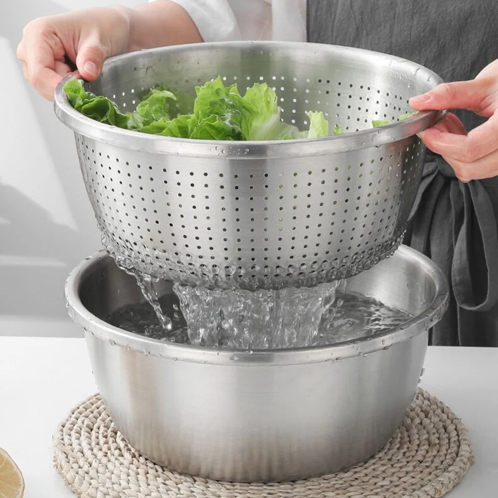 

Colander Bowl Steel Stainless Strainer Vegetable Fruit Drainer Rice Washing Drain Draining Kitchen Basin Mesh Cooking Basket