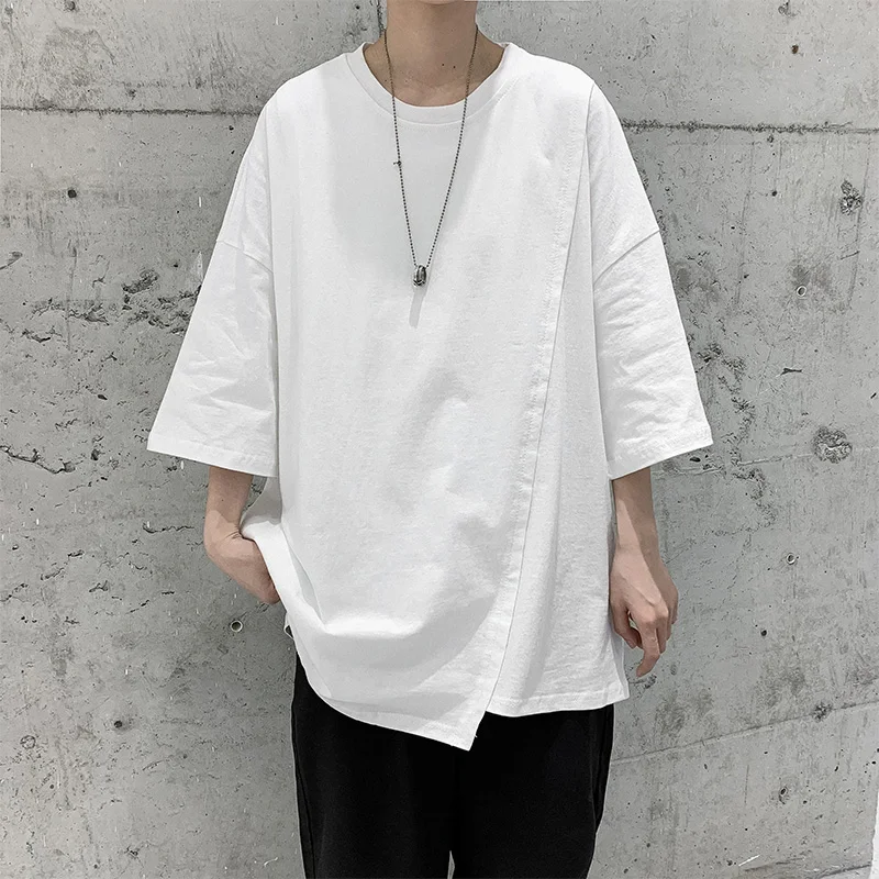 

Japanese Harajuku Short Sleeve Men T Shirts 2022 Summer Irregular Split Fork Fashion Causal Oversized Tops Tee White Streetwear