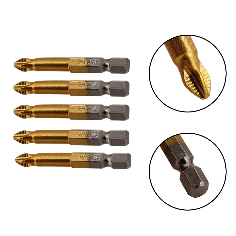 

5Pcs Hexagon Screwdriver Bits PH2 50mm Titanium Coated Electric Screwdriver Bit 1/4in Hex Shank Non-Slip For Cordless Drills