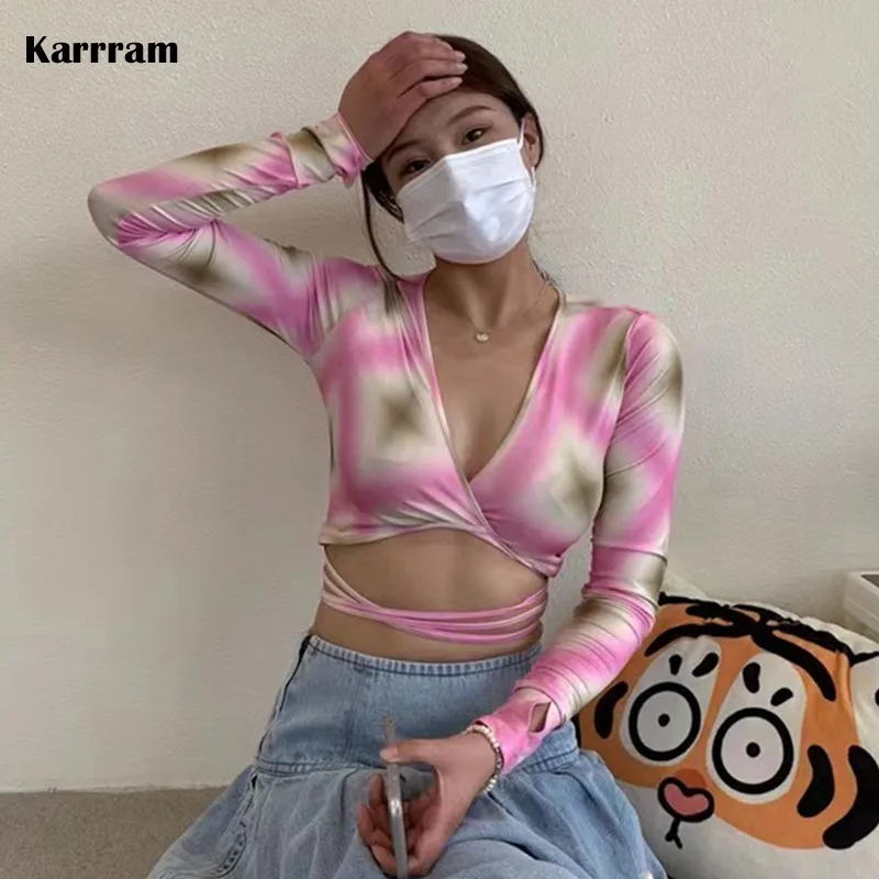

Karrram Y2k Aesthetics Crop Tops Korean Fashion Irregular V-neck T-shirts Grunge Fairycore Bandage Tops Chic Designer Clothes