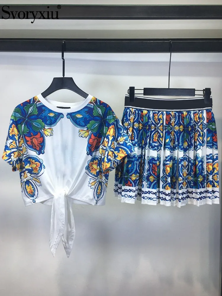 

Женская свободная футболка Svoryxiu, зеленая футболка с винтажным принтом, круглым вырезом и короткой юбкой с поясом на резинке на лето 2019