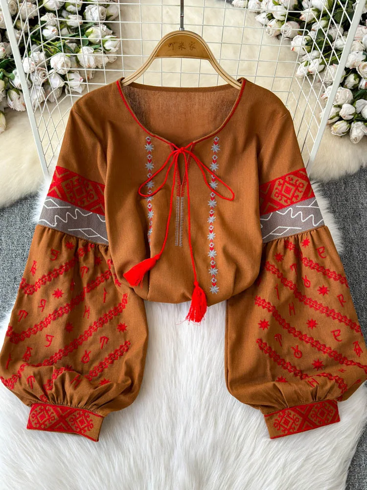 EWQ винтажный стиль дизайн вышивки женская блузка на шнуровке воротник-фонарики