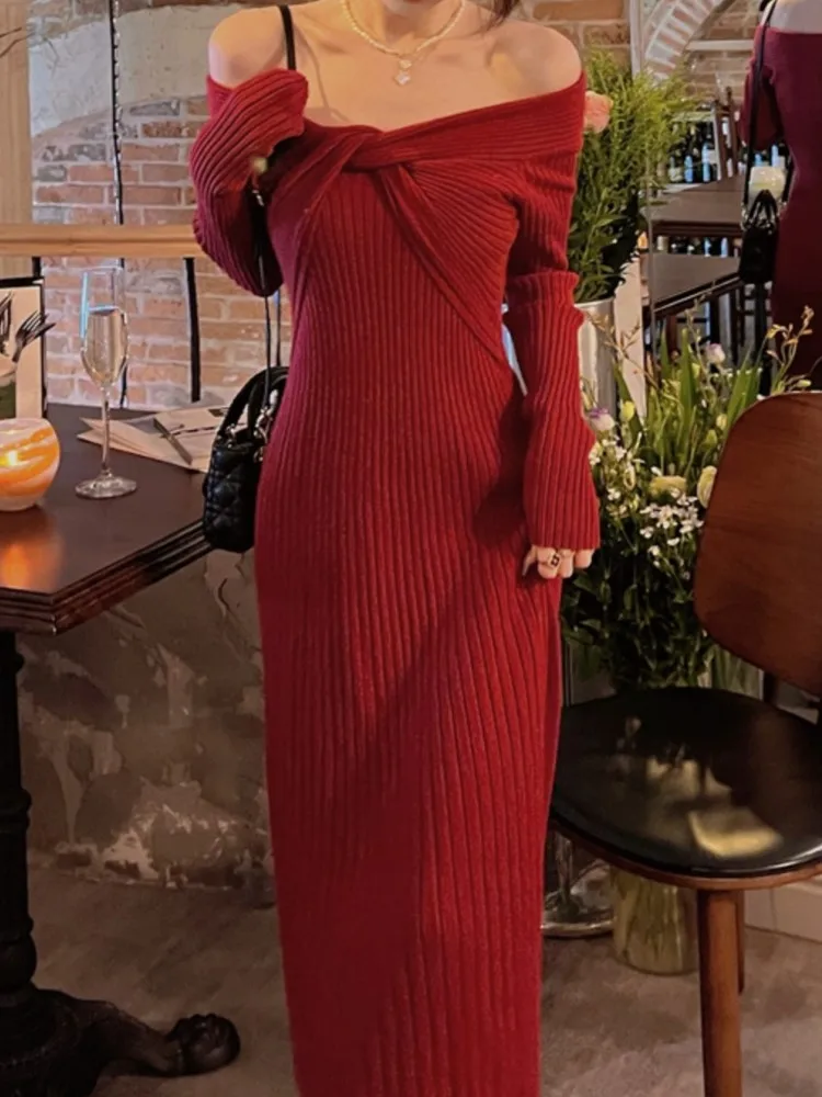 

Women Elegant Ribbed Solid Long Sleeve Midi Prom Dress New Sexy Bodycon Evening Birthday Party Sweater Robe Female Knit Clothes