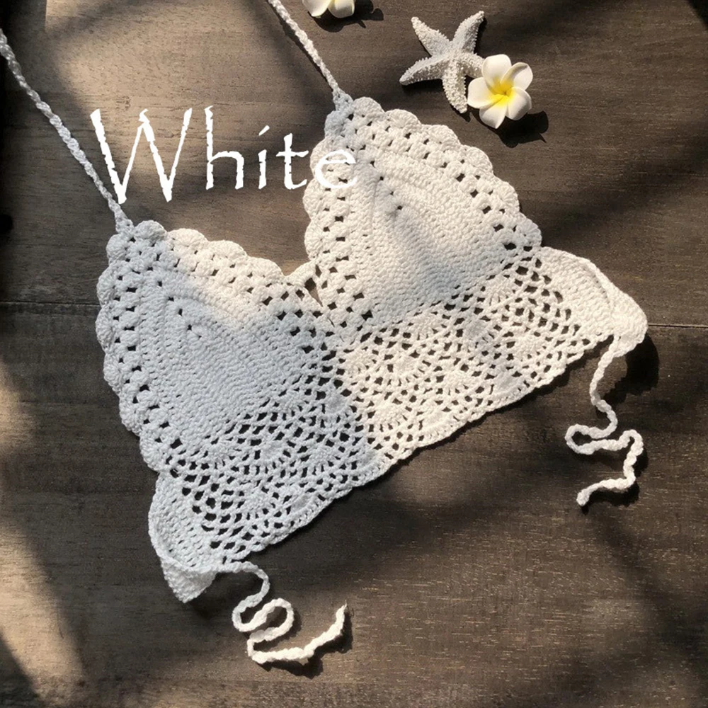 

2022 New Women Sexy Beach Hollow Bikini Top Halterneck Bra Handmade Crochet Swimwear Beachwear