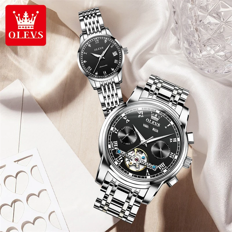 OLEVS New Women Couple Watch Tourbillon MechanicalWatches Men Waterproof Stainless Steel Strap Quality Gifts Lovers Wristwatch