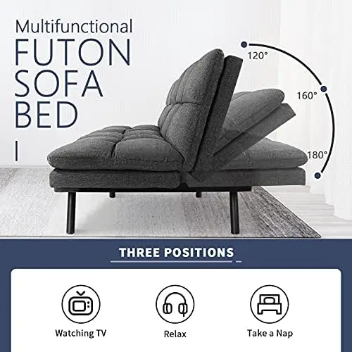 

Grey Futon Sofa Bed, Modern Convertible Sleeper Couch Daybed with Adjustable Armrests for Studio, Apartment, Office, Compact Liv